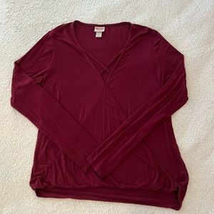 Burgundy Faux Wrap Long-sleeve Blouse